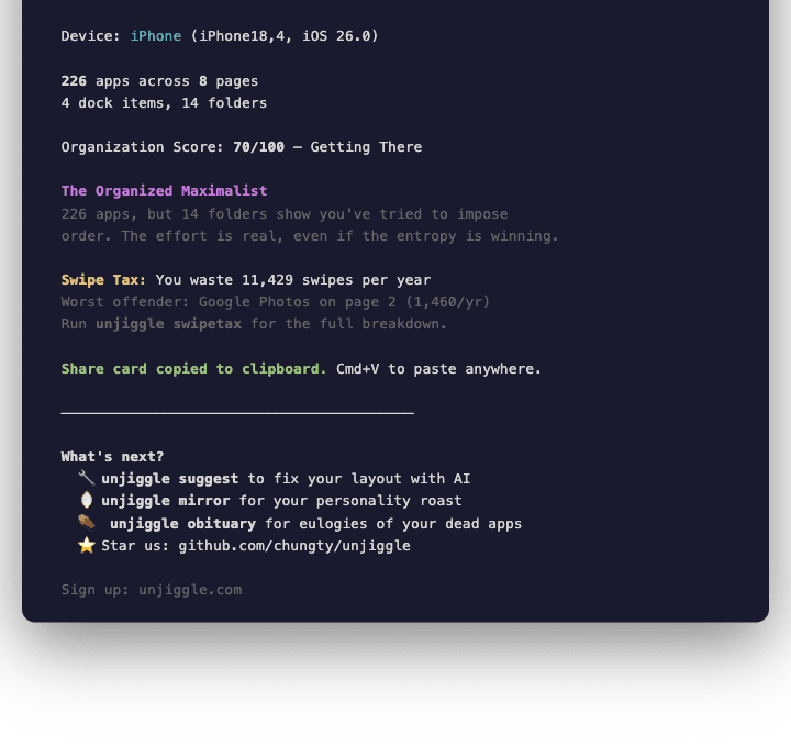 Unjiggle CLI running unjiggle go in terminal