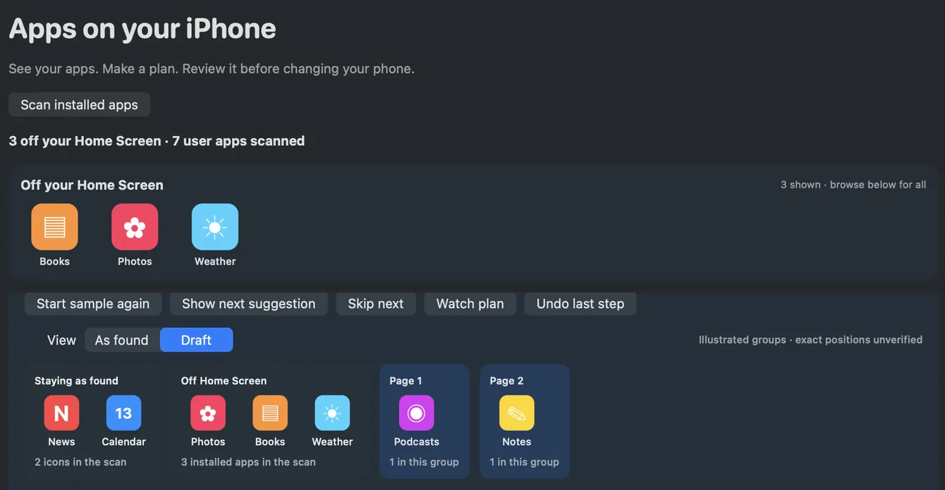 Two cropped views from the sample Mac app: three off-Home-Screen app icons above a draft grouped by destination