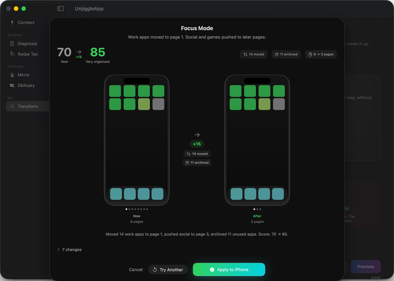 Unjiggle Mac app preset preview with sample data: proposed page counts, changes, and a separate Apply to iPhone button