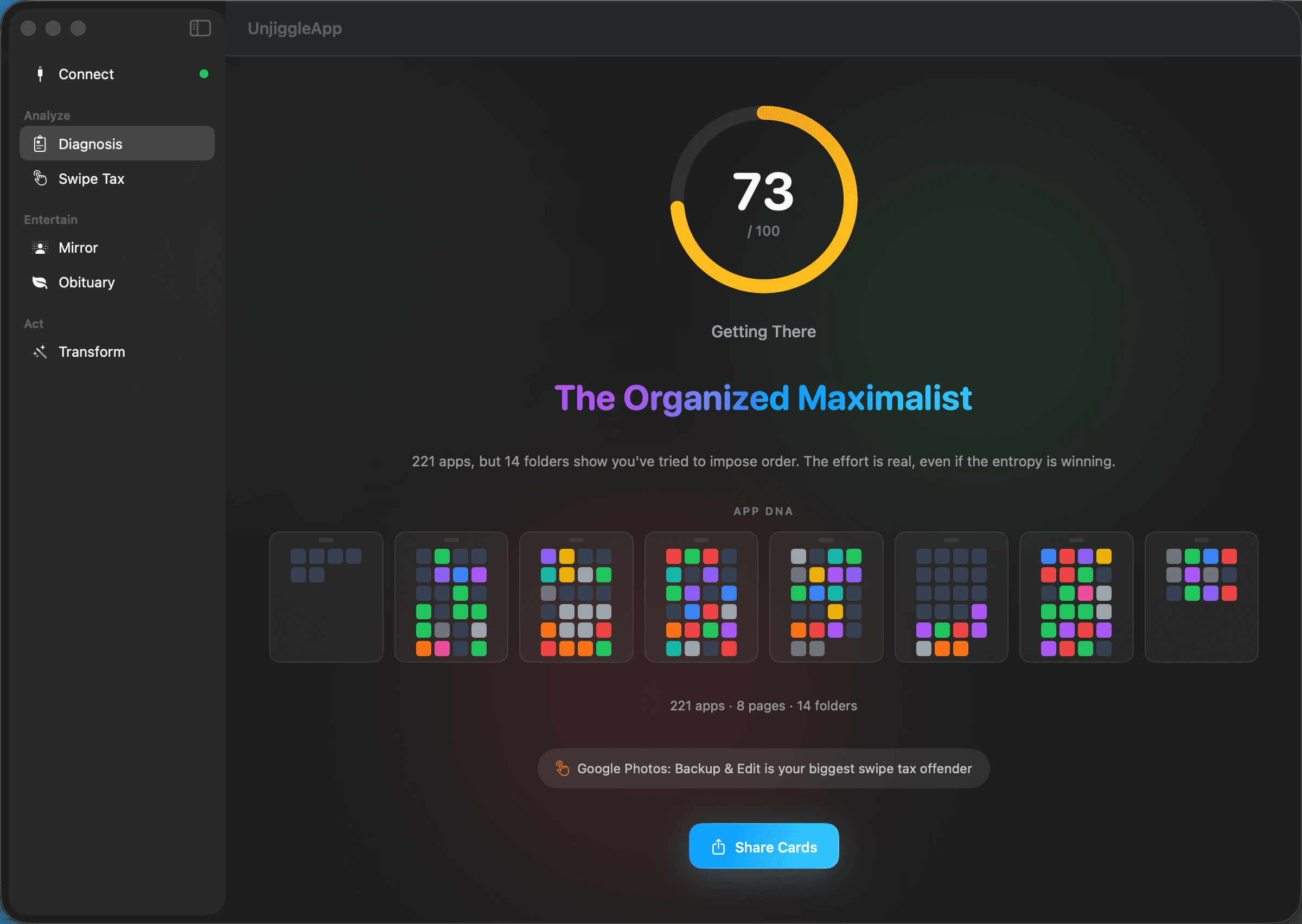 Unjiggle Mac app showing a Diagnosis view: score 73, archetype The Organized Maximalist, App DNA mosaic